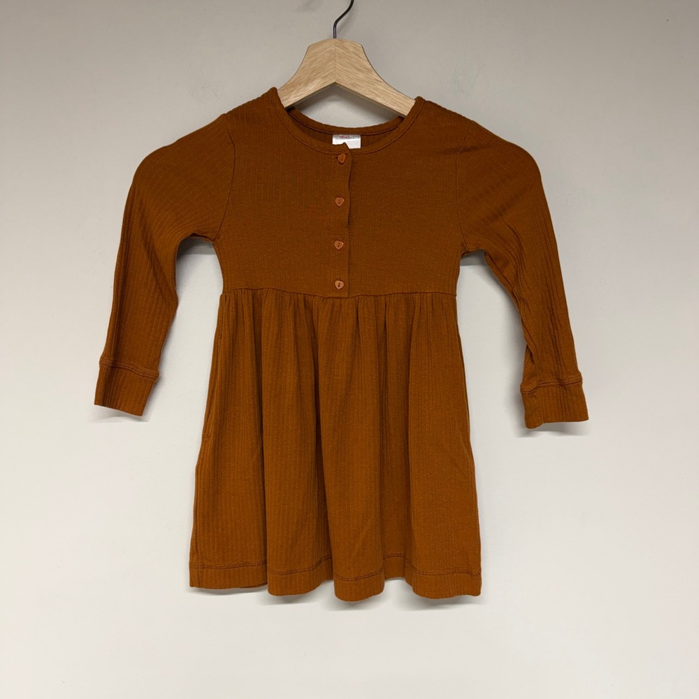 Hanna Andersson Girls SZ 110 Burnt Orange Ribbed Long Sleeve Button Front Dress